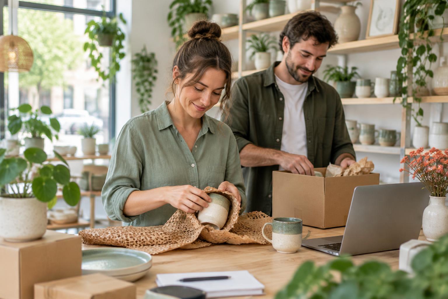 Illustratieve ondernemersfoto: met aandacht een webshopbestelling inpakken