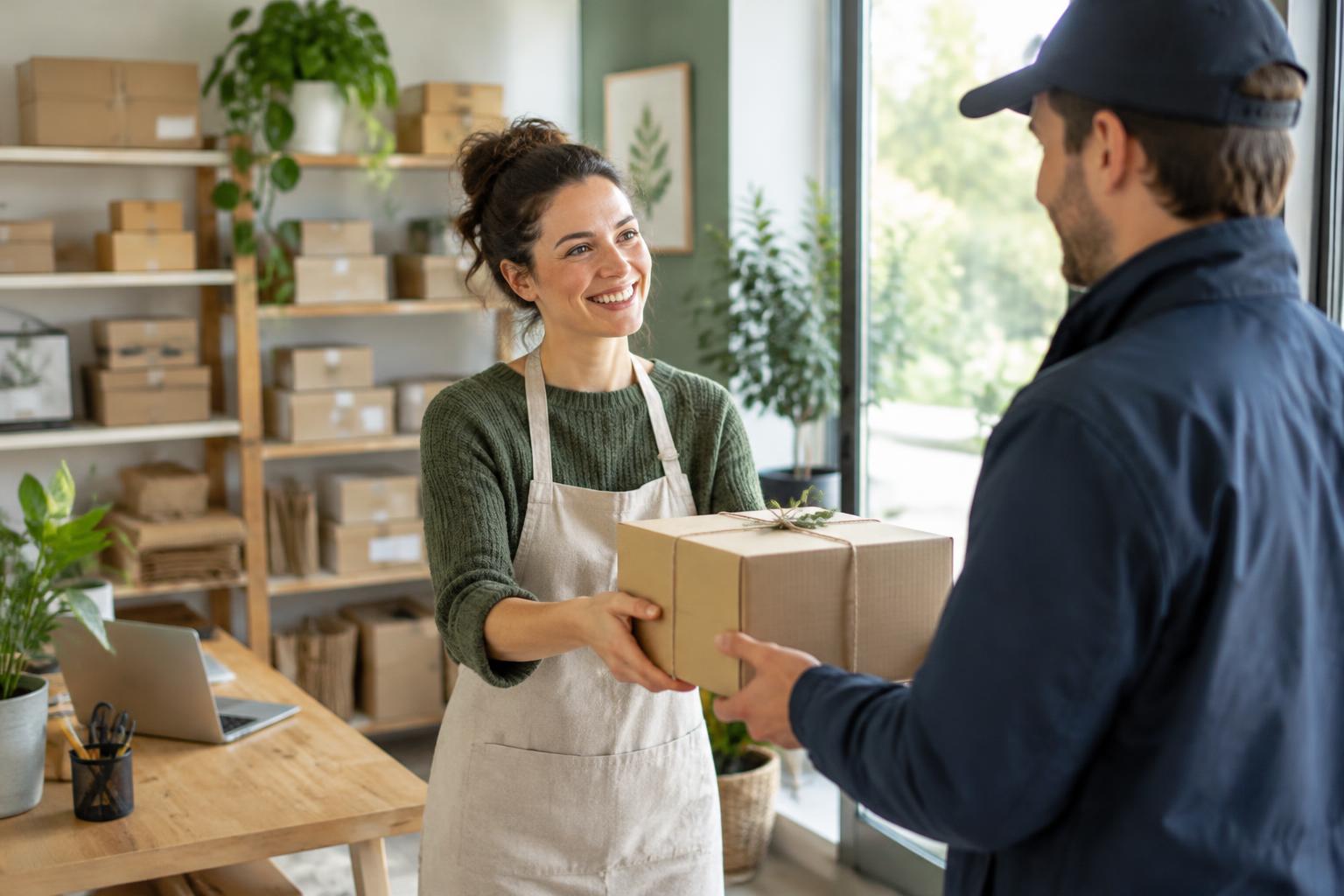 Illustratives Foto: Eine Unternehmerin übergibt einem Zusteller ein Paket